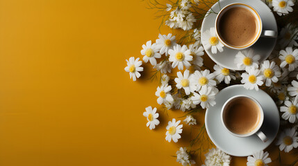 Chamomile tea with copy space on dark colored background