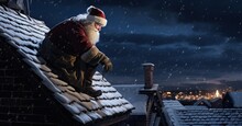 Santa Claus, Poised On A Snow-covered Rooftop, Preparing To Descend A Chimney