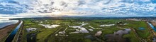 Panorama Of Wetlands And Marshes In RSPB Exminster And Powderham Marshe From A Drone, Exeter, Devon, England, United Kingdom, Europe