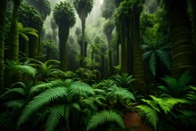 A Prehistoric Landscape With Towering Ferns And Ancient Cycad Plants