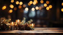 Wood Table With Blurry Christmas Tree And Fireplace Background With Copy Space