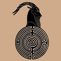 Wall Mural - Round spiral maze or labyrinth symbol with horned head of a goat in profile. Animal design. Ancient Greek ethnic motif. Vase painting style. Monochrome silhouette.