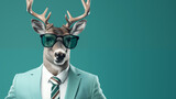 Fototapeta  - Modern Xmas Deer with hipster sunglasses and business suit like a Boss. Creative animal concept banner. Trendy Pastel teal green background