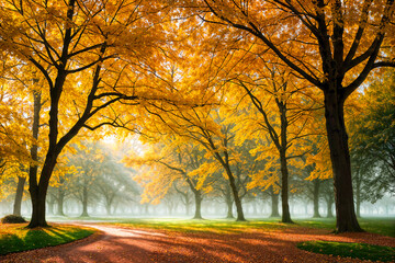 Wall Mural - Autumn park with walkways. Natural background, nature landscape wallpaper. Created using generative AI tools