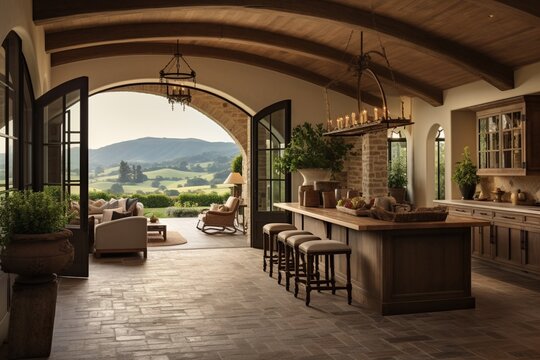California vineyard-inspired hall with sprawling views of rolling hills and rustic charm.