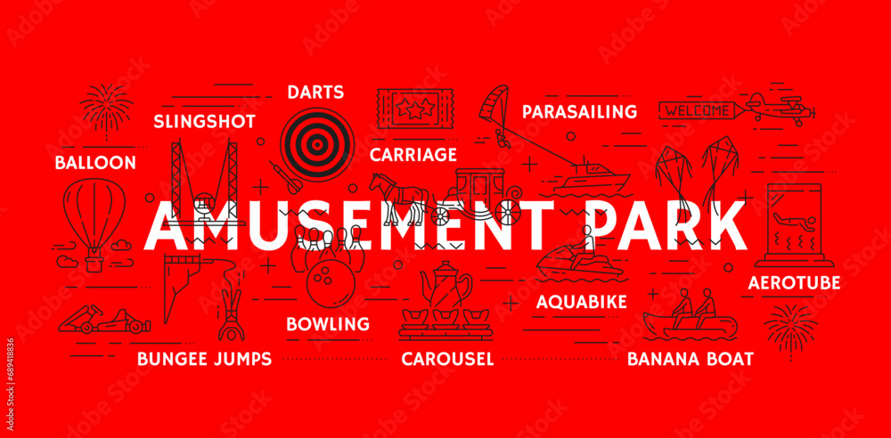 Line amusement park banner with funfair carnival rides and attractions ...
