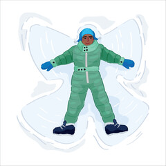 Wall Mural - Happy African-American boy making snow angel on winter day, top view