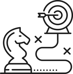 Aufkleber - Strategy, SEM or search engine marketing and content management vector line pictogram. Website search and web advertising or target audience reach strategy symbol of horse chess with aim goal