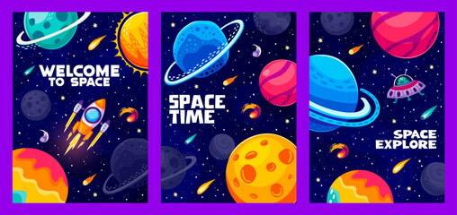 Wall Mural - cartoon space landscape posters of alien galaxy planets, rocket and ufo, vector astronomy science an