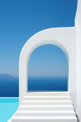 Wall Mural - White stairs leading to a pool and blue sea, AI