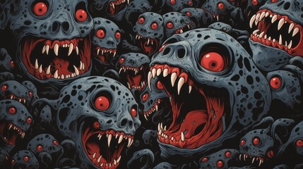 Poster - A group of monsters with red eyes and teeth, AI