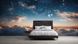 Blue fluffy cloud with bed stand - symbolizing good sleep, sky backdrop
