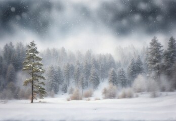 Wall Mural - Misty winter morning in the forest with snowfall and dark sky background