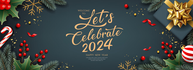 2024 Let's celebrate Merry christmas and Happy new year, banner greeting card design on dark gray background, Eps 10 vector illustration
