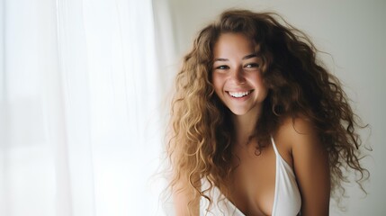 Wall Mural - woman in a white bathroom, smiling, gen Z clothing, spa moment, beautiful long curly brown hair, light from behind, relaxing. generative AI