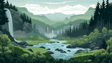 Fototapeta Natura - Mountain landscape with waterfall. Vector illustration in flat cartoon style.