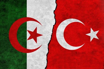 Wall Mural - Turkey and Algeria painted flags on a wall with a crack. Algeria and Turkey relations.Turkey and Algeria flags together