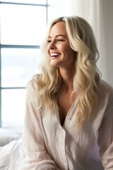 Wall Mural - captivating woman in a white bedroom, smiling, gen Z clothing, wake-up moment, beautiful long blond hair, light from behind, relaxing. generative AI