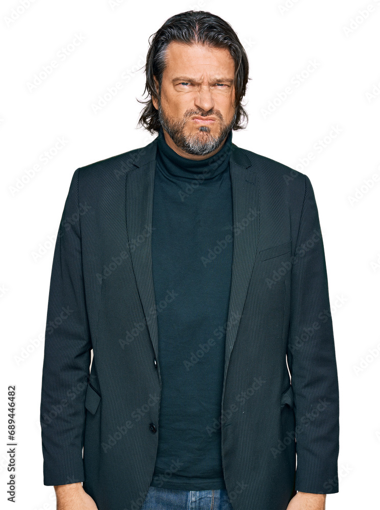 Middle age handsome man wearing business clothes skeptic and nervous, frowning upset because of problem. negative person.