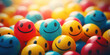 Colorful crowd of happy-faced bouncy balls crammed together, smiling widely
