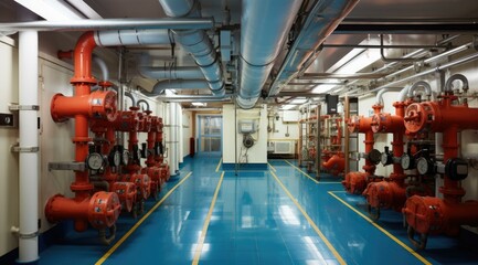 Poster - A meticulously maintained central lubrication system room on a cruise ship, vital for smooth engine operation. Pipes and valves line the long hallway. Generative AI.