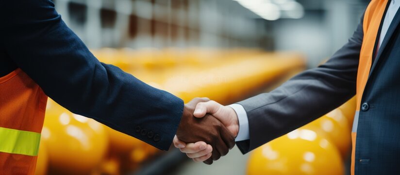 Close-up of two engineers shaking hands in a construction site.