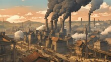 Located Outskirts City, Steampowered Factory Loomed Over Landscape Like Behemoth. Thick Black Smoke Billowed Multiple Towering Chimneys, Sound Heavy Machinery Echoed 2d Animation