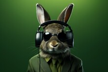 Cool Bunny In Headphones With Selective Focus And Copy Space
