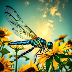 Wall Mural - dragonfly on a branch and flowers