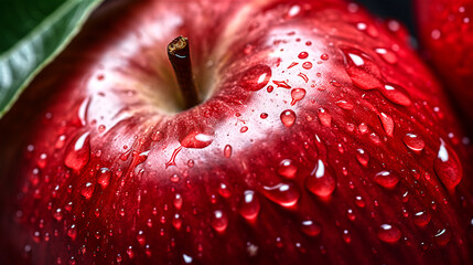 Closeup of fresh red apple fruit in water drops on a dark background