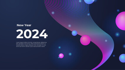 Wall Mural - Happy new year 2024 celebration background. vector art and illustration for, landing page, template, poster, banner. Blue pink and purple violet vector happy new year 2024 banner with trendy style