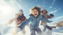 Three Kids Children Jump And Tumble In The Snow, Throwing Snowballs And Throwing Snow Among Themselves. Winter Childhood Games. Active Outdoors Leisure With Children In Winter