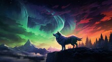 Wild Wolf Silhouetted Against A Mesmerizing Aurora Borealis Night Sky





