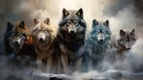 Fototapeta  - majestic wolf pack embracing the spirit of the wilderness in isolated black smoke - mystical wildlife concept