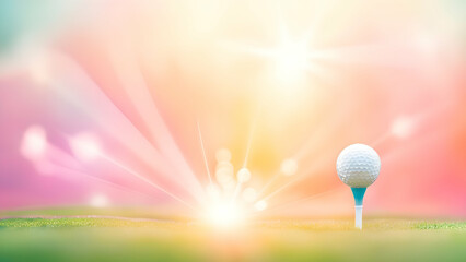 Wall Mural - Golf ball on green grass with sun flare and bokeh background.With copy space