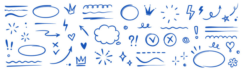 Wall Mural - hand drawn blue highlight, text underline, emphasis mark, line shape set. hand drawn scribble arrow,