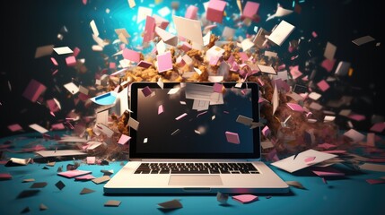 Wall Mural - Documents and folders flying out of a laptop screen, Explosion.