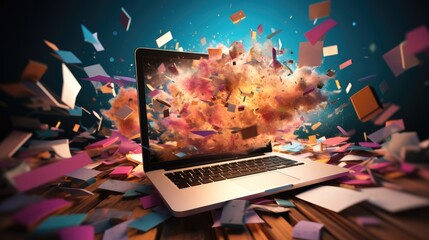 Fototapete - Documents and folders flying out of a laptop screen, Explosion.