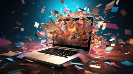 Poster - Documents and folders flying out of a laptop screen, Explosion.
