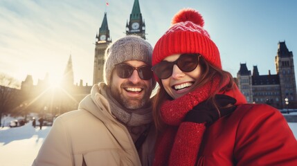 Wall Mural - Happy Canadian wearing winter clothes celebrating Christmas holiday at Parliament Hill. People having fun hanging out together walking on city street. Winter holidays and relationship concept