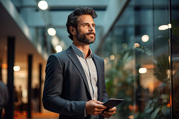 Wall Mural - Busy business man, project manager holding tablet walking in office. generative ai