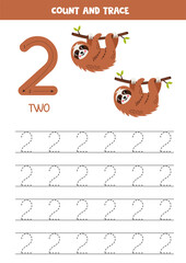 Wall Mural - Numbers tracing practice. Writing number two. Cute cartoon sloths.