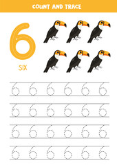 Wall Mural - Numbers tracing practice. Writing number six. Cute cartoon toucans.