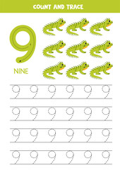 Wall Mural - Numbers tracing practice. Writing number nine. Cute cartoon iguanas.