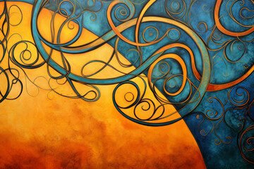Hand painted wallpaper of Celtic style in rich colors, surface material texture