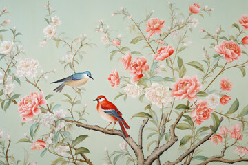 chinoiserie wallpaper in floral theme, surface material texture