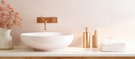 Sticker - Harmonious pastel bathroom with textured ceramic tiles, an attractive oval sink, and beautiful copper faucets.