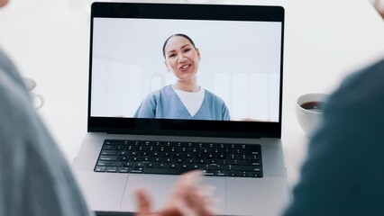 Poster - Video call, laptop and doctor with senior couple for healthcare support, virtual advice and telehealth wave. Medical woman or nurse talking to elderly patient on computer screen for home questions