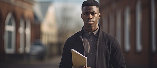 Black man holding open Bible, looking at camera in front of church with cross.