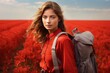 © Breezze - Adventurous soul in a sea of red blossoms, poised for exploration with a backpack in tow